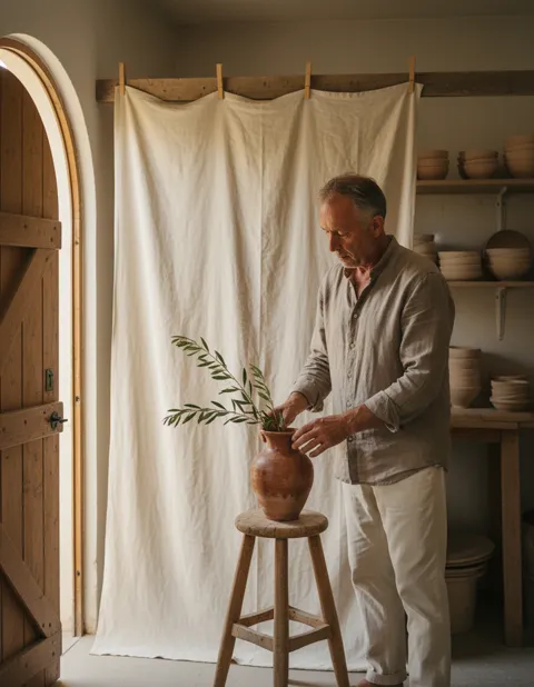 Céramiste installant un vase en terre cuite et une branche d'olivier sur un tabouret, devant un drap de lin tendu dans son atelier