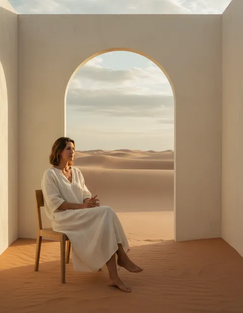Femme en robe de lin assise sur une chaise en bois, dans une pièce crème dont l'arche s'ouvre sur des dunes de sable