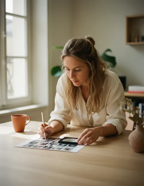 Réalisatrice penchée sur une planche contact, une loupe posée sur les photos et un crayon à la main