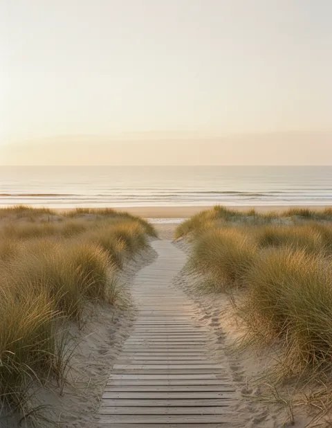 Chemin de planches à travers les dunes vers l'océan au lever du jour, sur la côte vendéenne