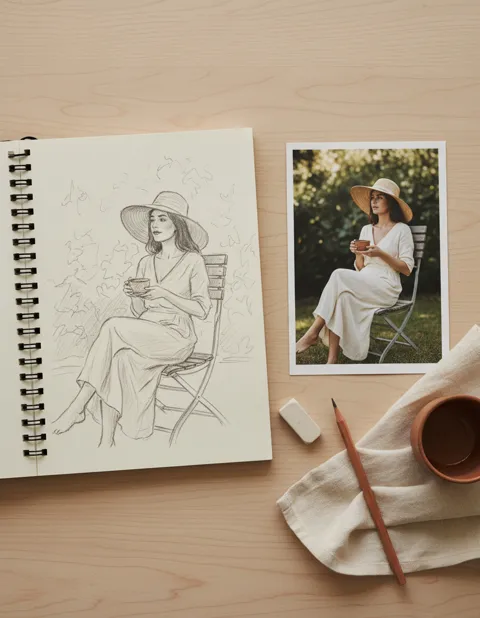 Croquis au crayon d'une femme au chapeau de paille assise avec une tasse, posé à côté de la photo de la même scène