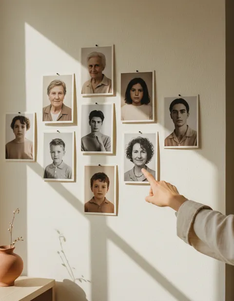 Mur de portraits photographiques de tous âges, une main en désigne un