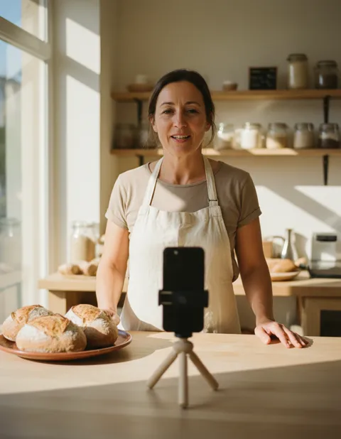 Boulangère en tablier de lin derrière son comptoir, face à un smartphone posé sur un petit trépied, à côté de pains frais