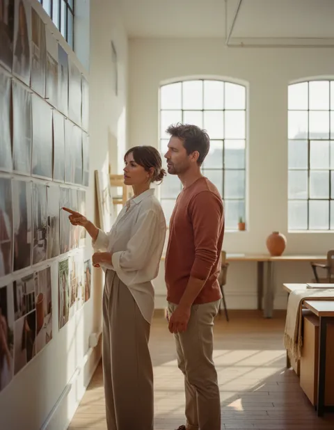 Une femme et un homme examinent un mur de visuels de campagne dans un atelier lumineux