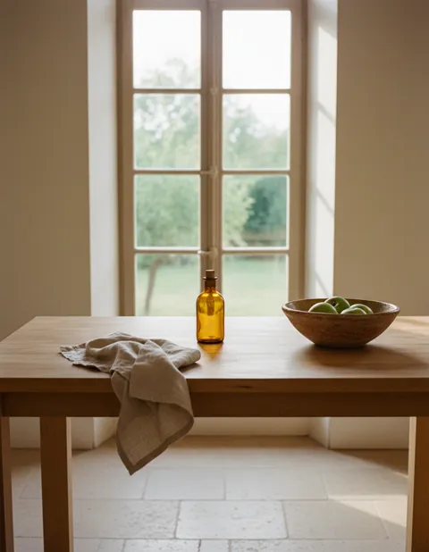 Salle à manger lumineuse : table en bois, flacon ambré et coupe de pommes vertes devant une porte-fenêtre