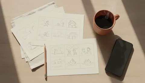 Planches de storyboard dessinées au crayon sur une table en bois, près d'une tasse de café et d'un téléphone