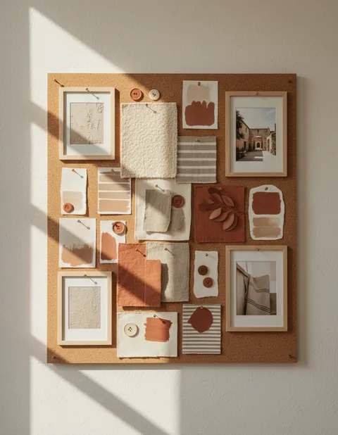 Planche d'ambiance en liège : échantillons de tissus, nuancier terracotta et photos encadrées