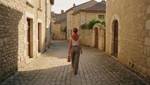 Une femme au foulard terracotta marche dans une ruelle pavée de village en pierre, à l'heure dorée