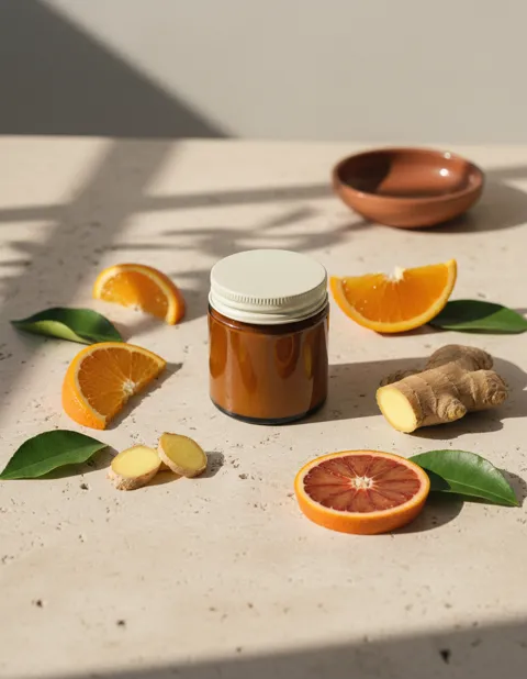 Pot en verre ambré sans étiquette sur une pierre claire, entouré de quartiers d'orange, d'une rondelle d'orange sanguine, de gingembre et de feuilles