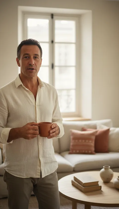 Homme en chemise de lin, une tasse terracotta à la main, parle face caméra dans son salon