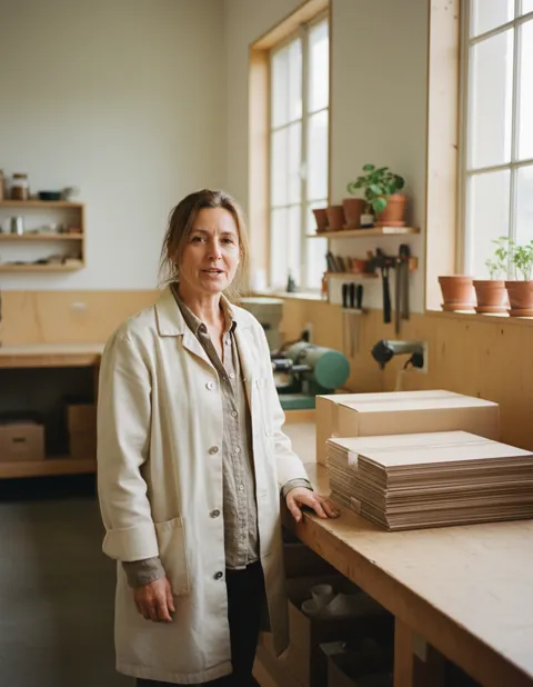 Responsable de production en blouse claire dans un atelier lumineux, à côté de cartons neutres empilés sur un établi