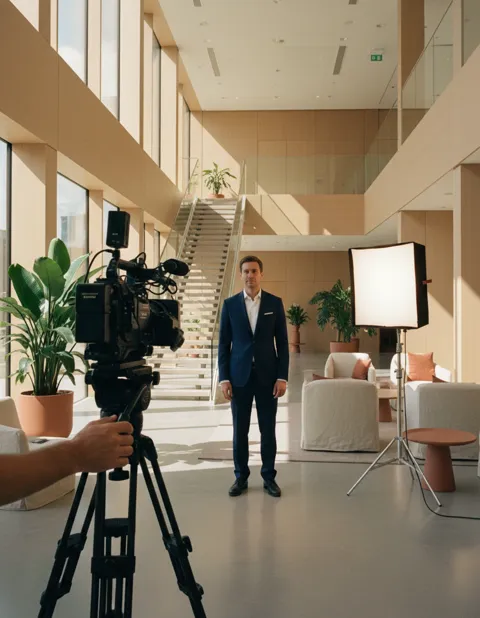 Tournage dans le hall lumineux d'un siège d'entreprise : une caméra sur trépied et un panneau lumineux face à un homme en costume