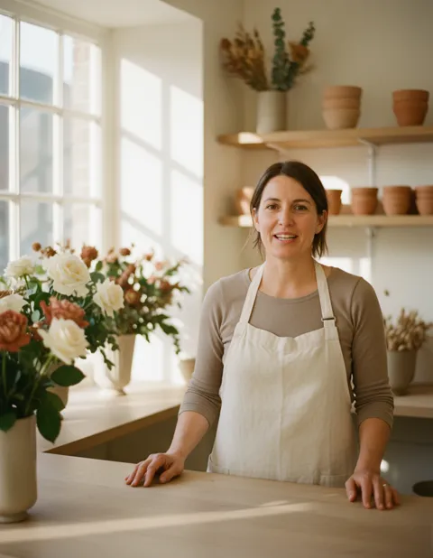 Fleuriste en tablier de lin derrière le comptoir en bois de sa boutique, entourée de bouquets