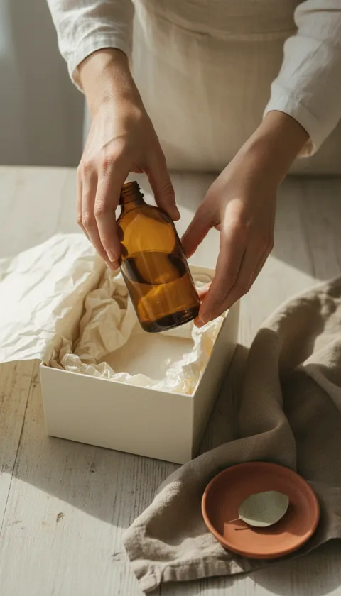 Deux mains sortent un flacon ambré d'une boîte crème garnie de papier de soie
